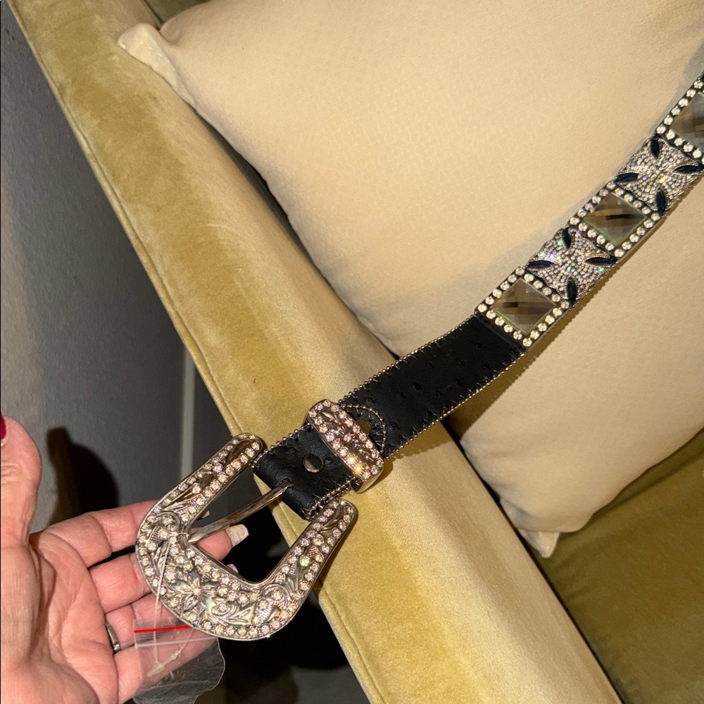 Embellished Black Leather Belt with Rhinestone Buckle